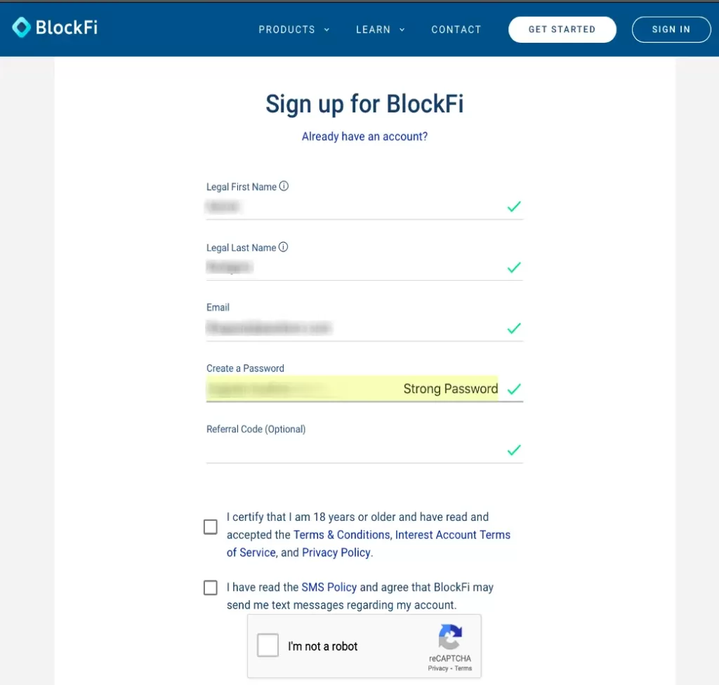 Blockfi signup form